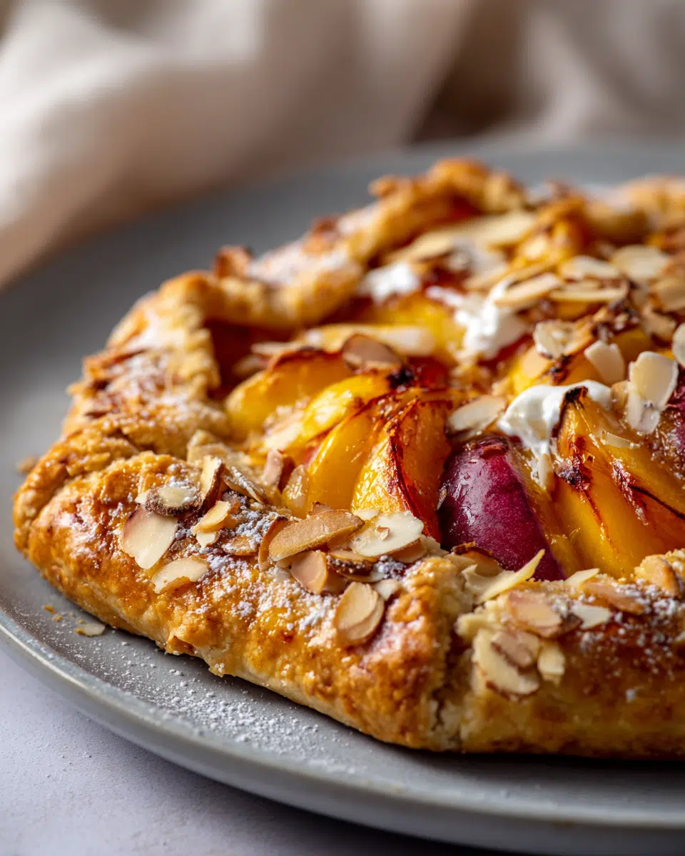 Rustic Peach Galette slice served with vanilla ice cream and herbs on a ceramic plate