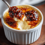 Goat Cheese Crème Brûlée topped with fig chili jam in a white ramekin, caramelized sugar crust, served on a rustic wooden board
