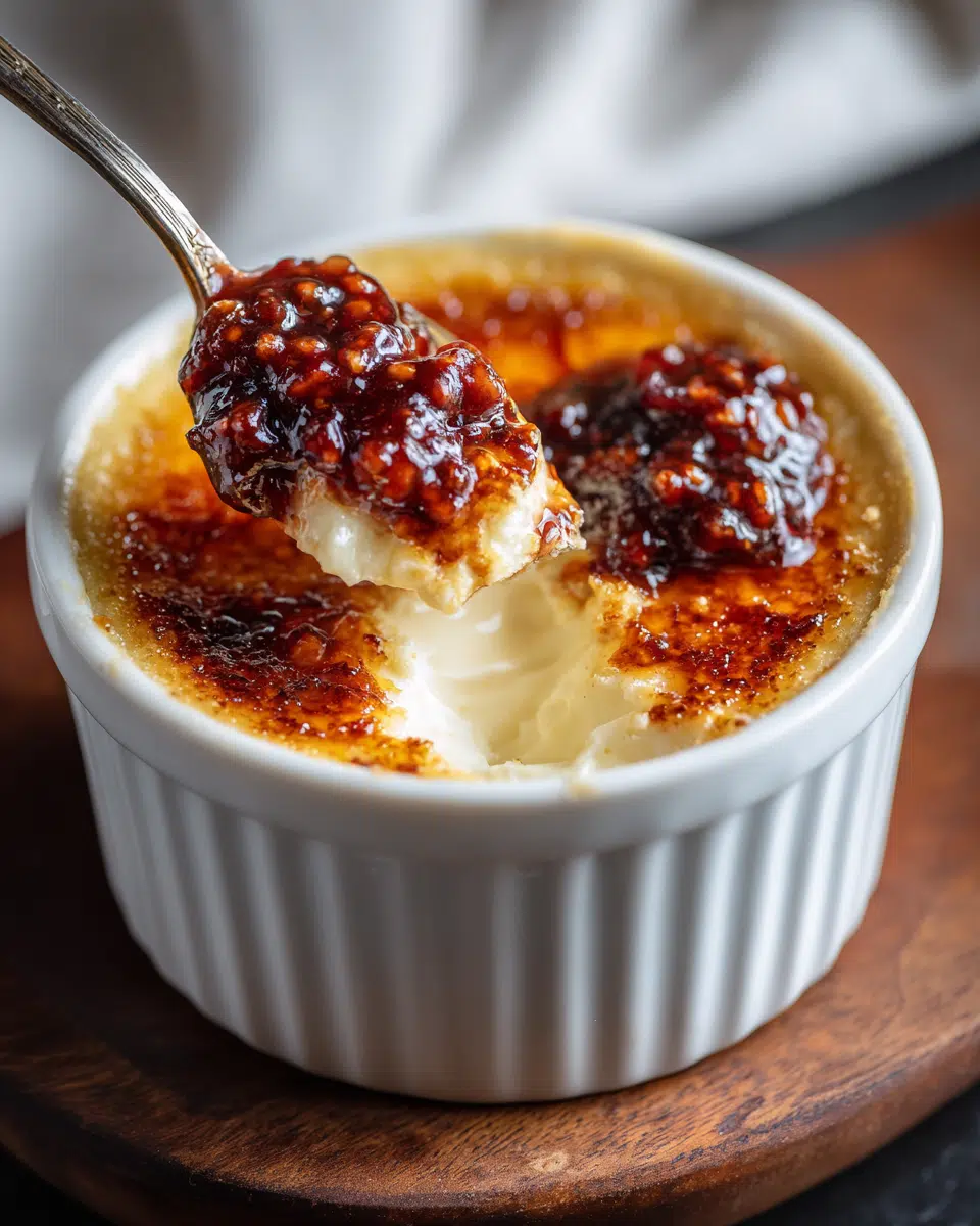 Goat Cheese Crème Brûlée topped with fig chili jam in a white ramekin, caramelized sugar crust, served on a rustic wooden board