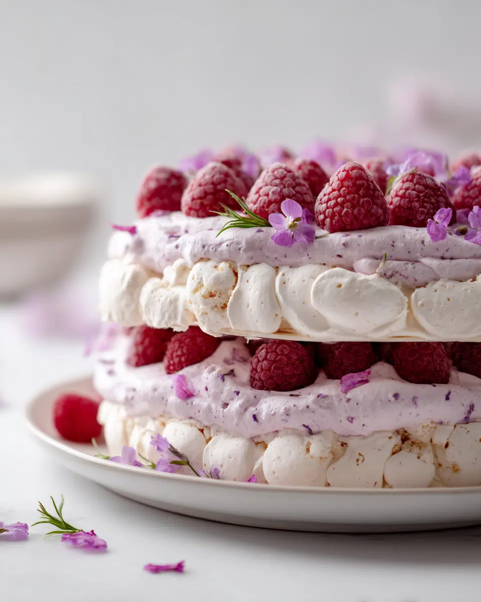 Close-up of a Raspberry-Lavender Cloud Dacquoise topped with whipped cream, fresh raspberries, and edible flowers