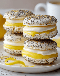 Ingredients laid out for Lemon & Poppy Seed Meringue Sandwiches on a rustic table