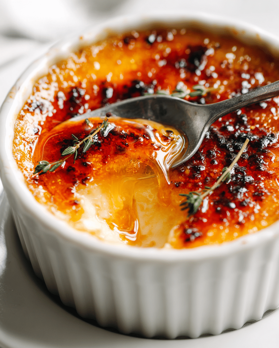 Spoon cracking the caramelized top of goat cheese crème brûlée, revealing creamy custard and fig chili jam layer underneath
