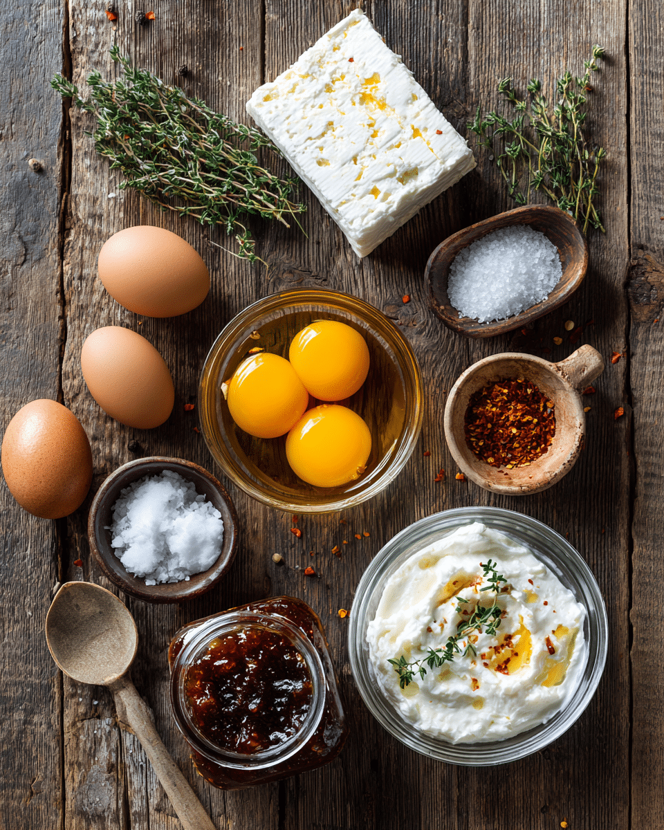 Flat lay of goat cheese crème brûlée ingredients including goat cheese, heavy cream, egg yolks, fig chili jam, brown sugar, and sea salt on a wooden table
