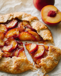 Rustic Peach Galette with buttery crust and caramelized peach slices fresh from the oven