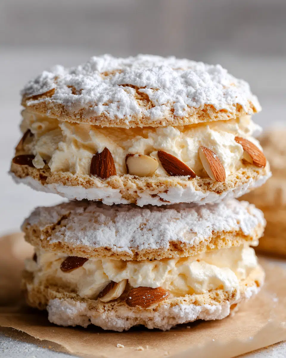 Side view of two layered almond meringue cookies filled with light vanilla cream, topped with powdered sugar and sliced almonds on a white background.