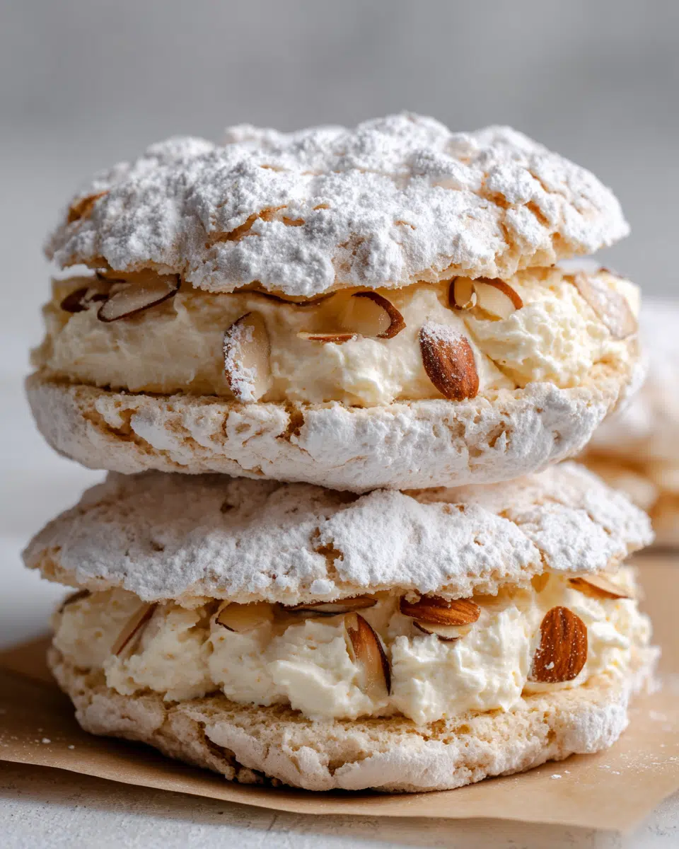 Close-up of two stacked almond dacquoise meringue sandwiches filled with whipped vanilla cream and topped with powdered sugar and toasted almond slices on parchment paper.