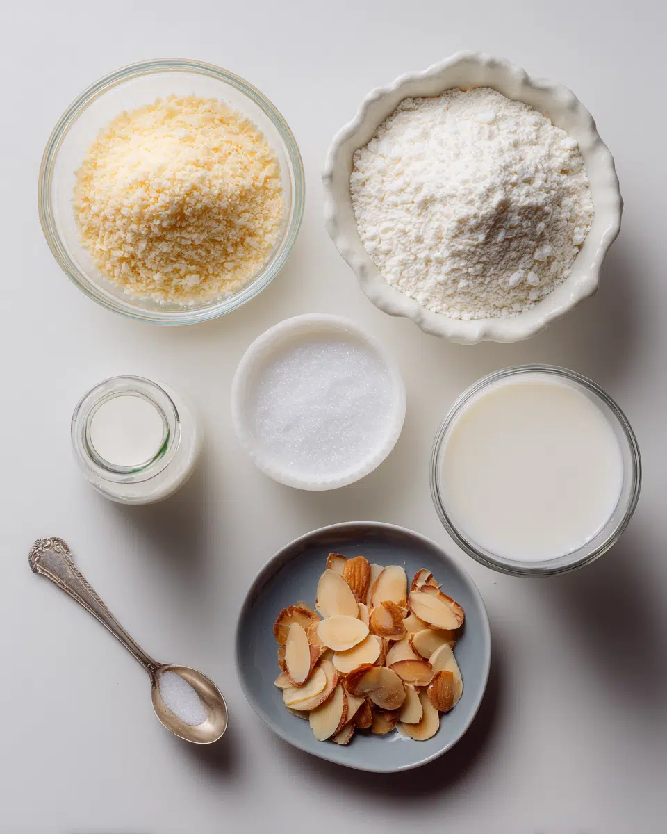 Flat lay of ingredients for almond dacquoise: egg whites, sugar, sliced almonds, cream, and vanilla, arranged neatly on a white background with soft natural lighting.