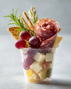 charcuterie cup on rustic table with cheese and meats