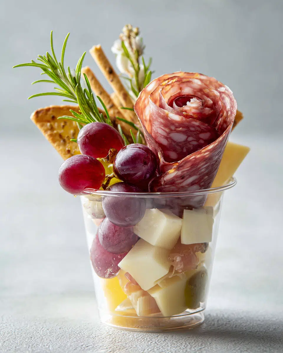 charcuterie cup on rustic table with cheese and meats