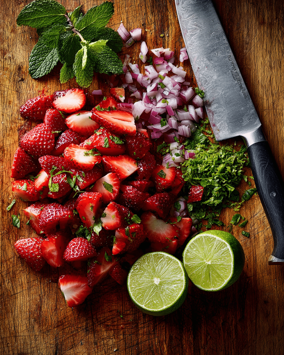 strawberry salsa ingredients being prepared