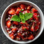 chocolate chips and strawberry salsa in a white bowl with fresh mint