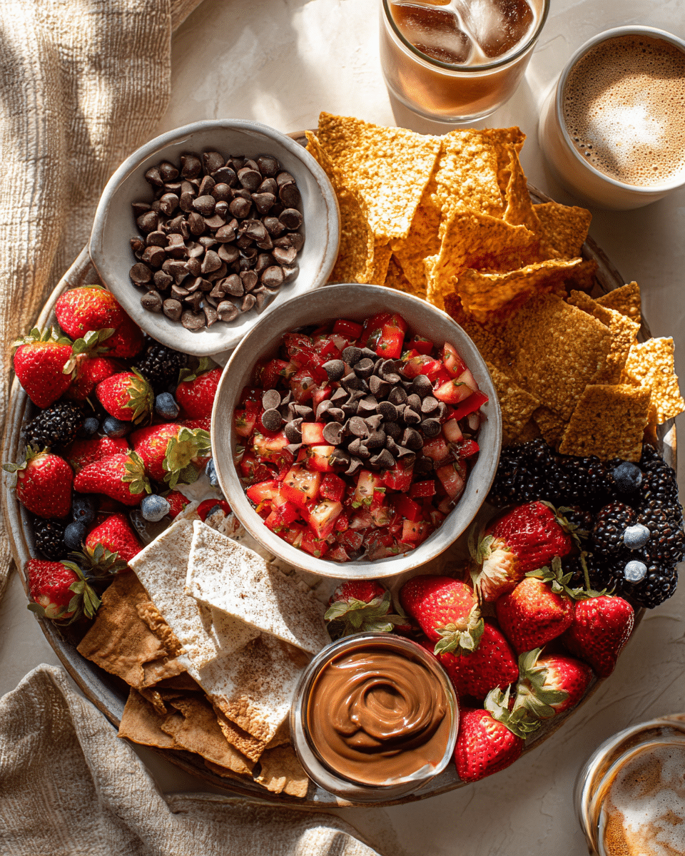 brunch board with chocolate chips and strawberry salsa