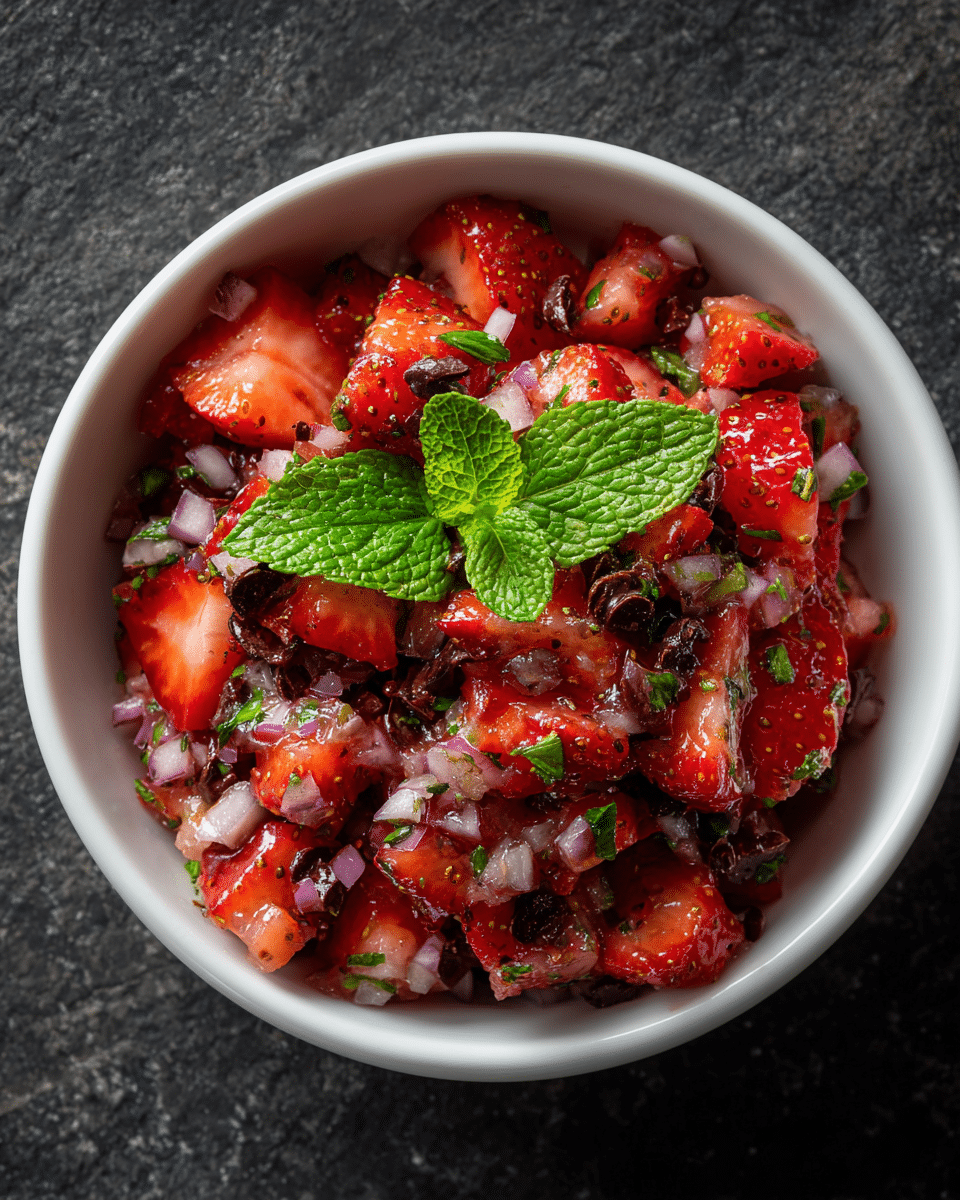 chocolate chips and strawberry salsa in a white bowl with fresh mint
