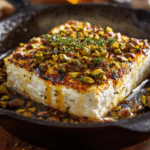 Hot Honey Feta Recipe served in skillet with pistachios and thyme