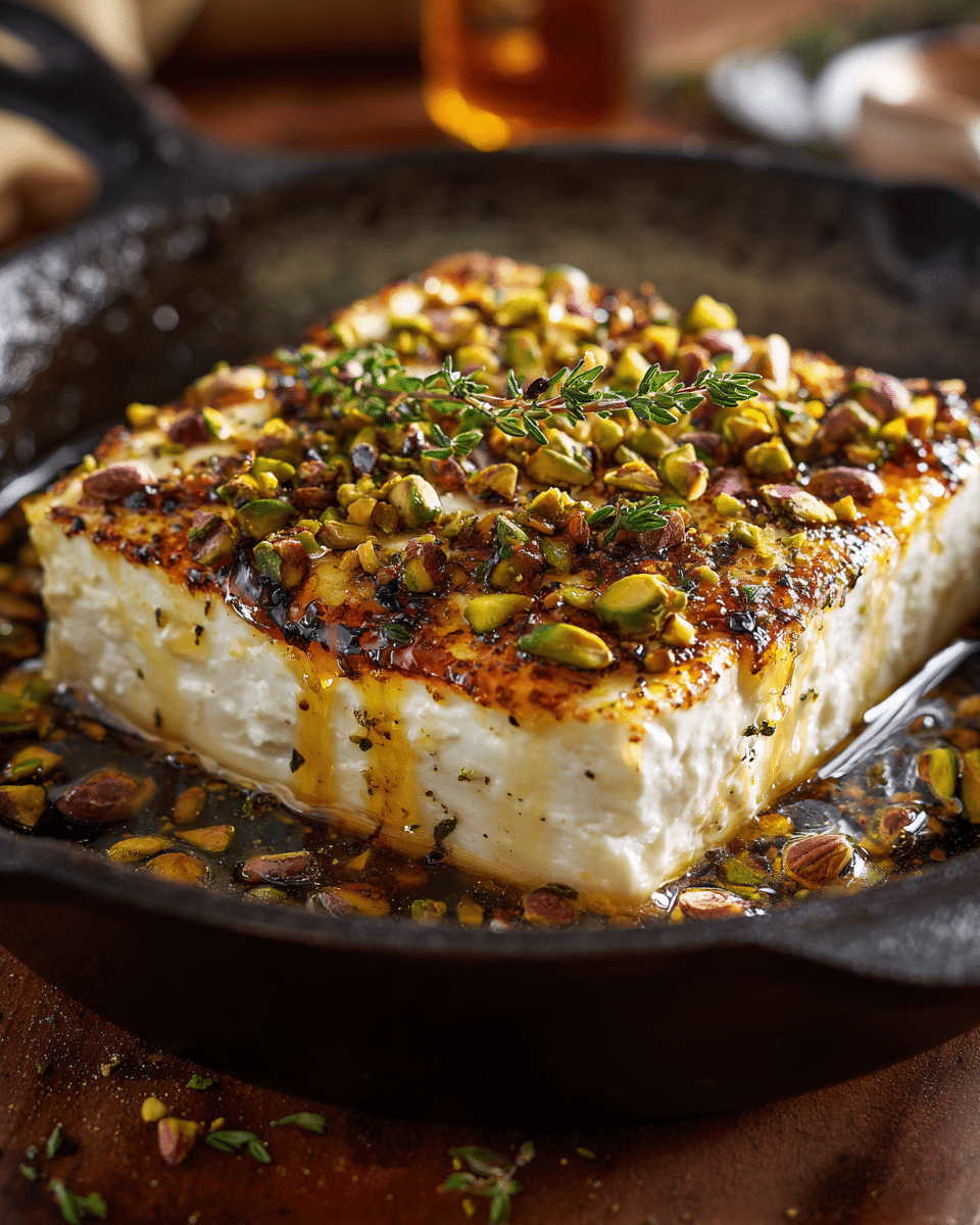 Hot Honey Feta Recipe served in skillet with pistachios and thyme