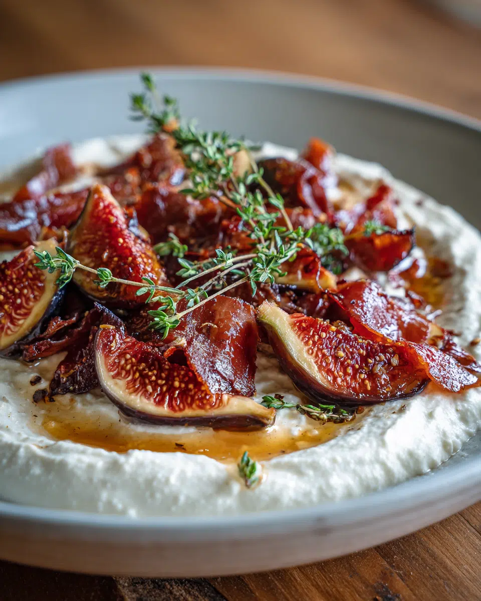 Savory Yogurt with Roasted Figs topped with crispy prosciutto and thyme