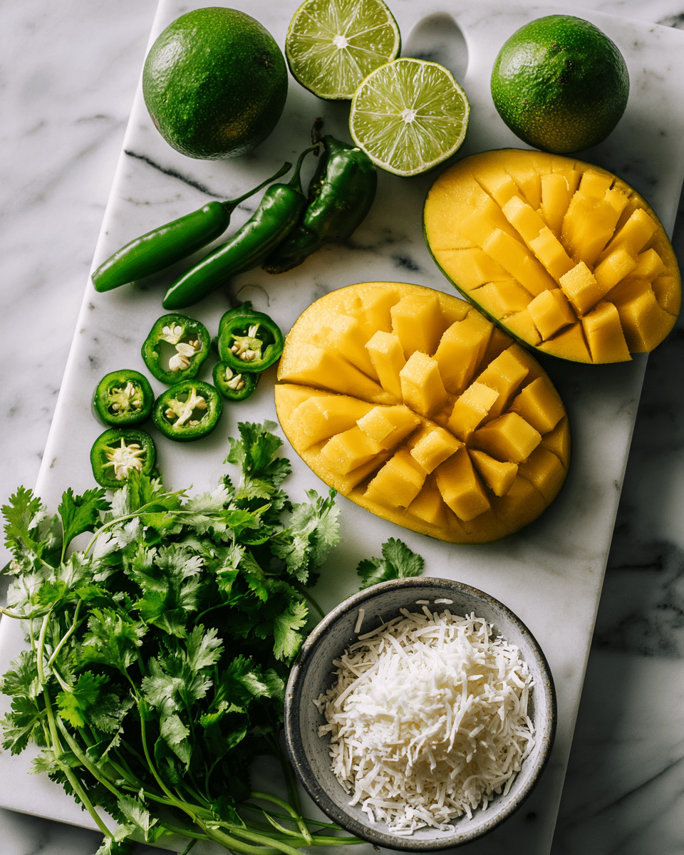 tropical mango salsa ingredients on kitchen counter