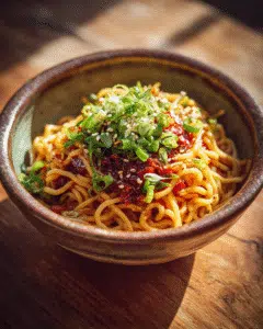 Chili Crisp Noodles served in a bowl with chili oil and spring onions