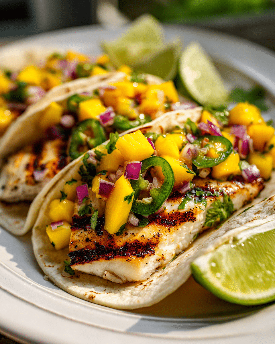 tropical mango salsa served on fish tacos