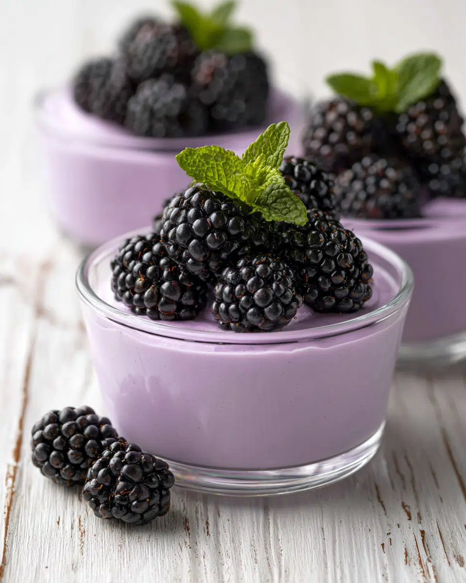 No-Bake Lavender Posset with Blackberries served in a clear glass ramekin on a rustic wood table