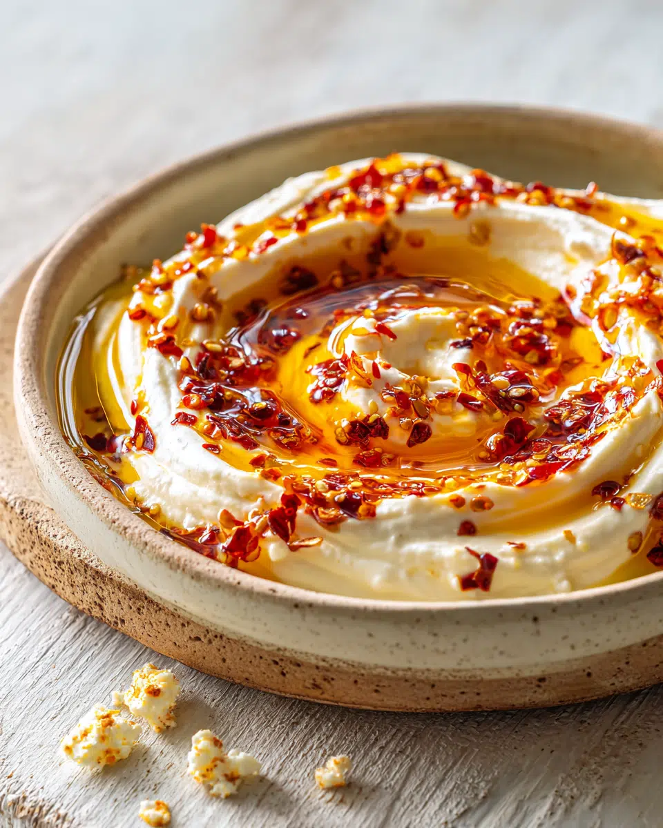 Chili Crisp Feta Dip topped with hot honey and chili crisp