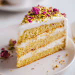 Rococo Style Cake with Pistachio and Rose on porcelain cake stand with rose petals and pistachio layers