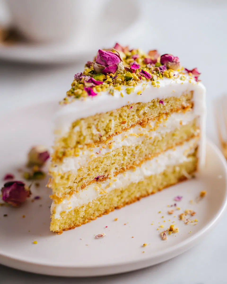 Rococo Style Cake with Pistachio and Rose on porcelain cake stand with rose petals and pistachio layers