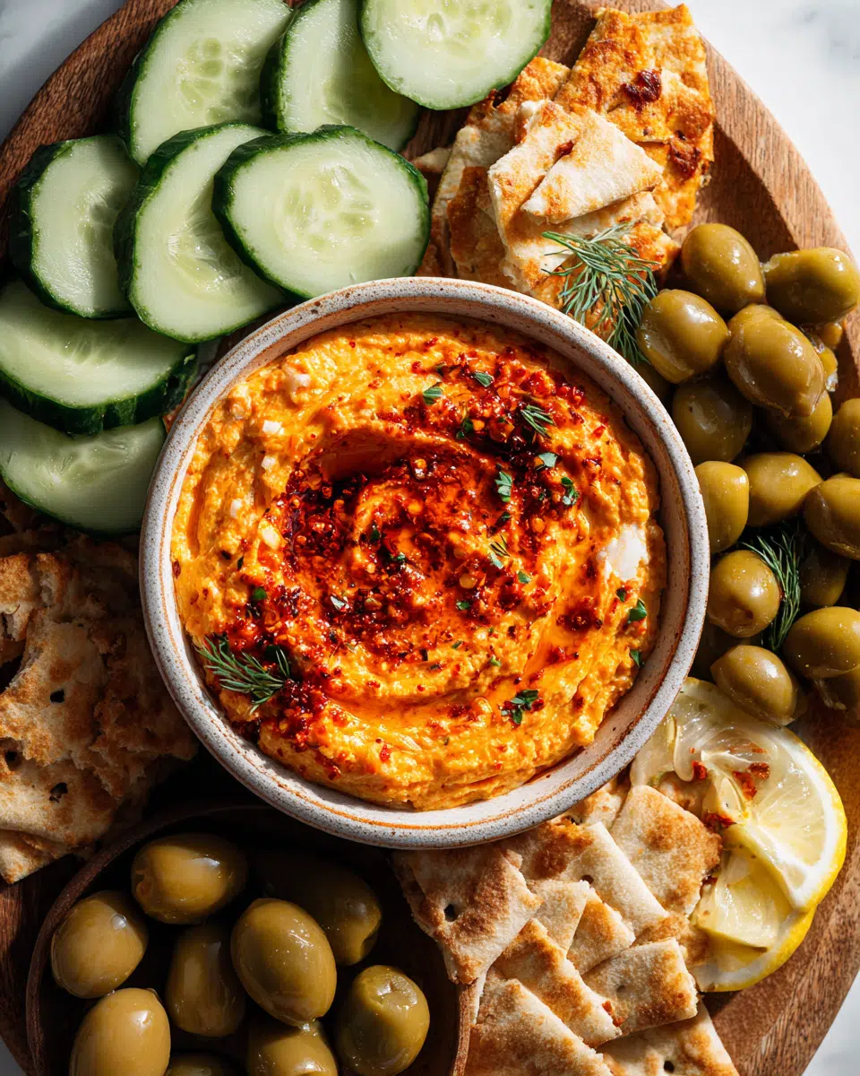Chili crisp feta dip on an appetizer board