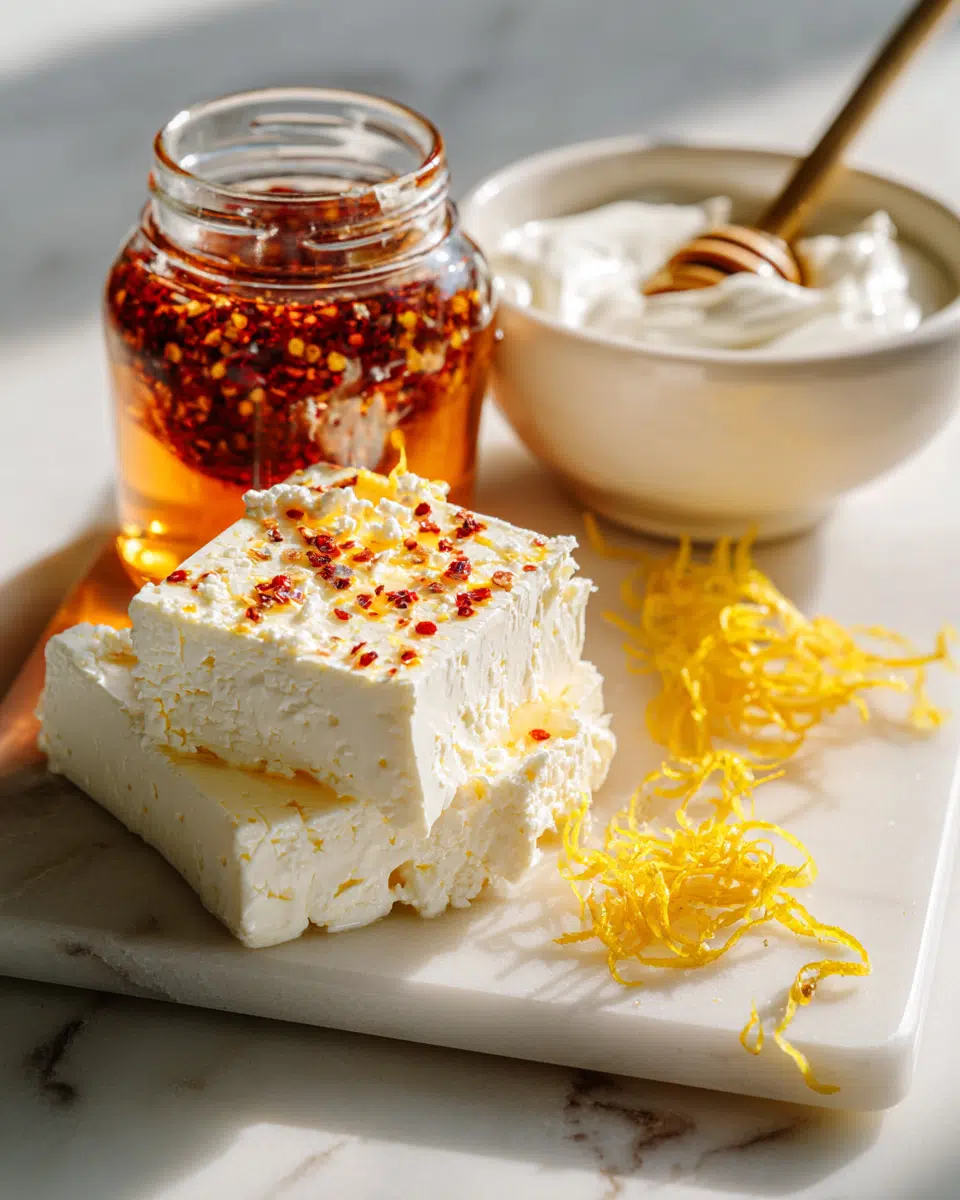 Ingredients for making chili crisp feta dip