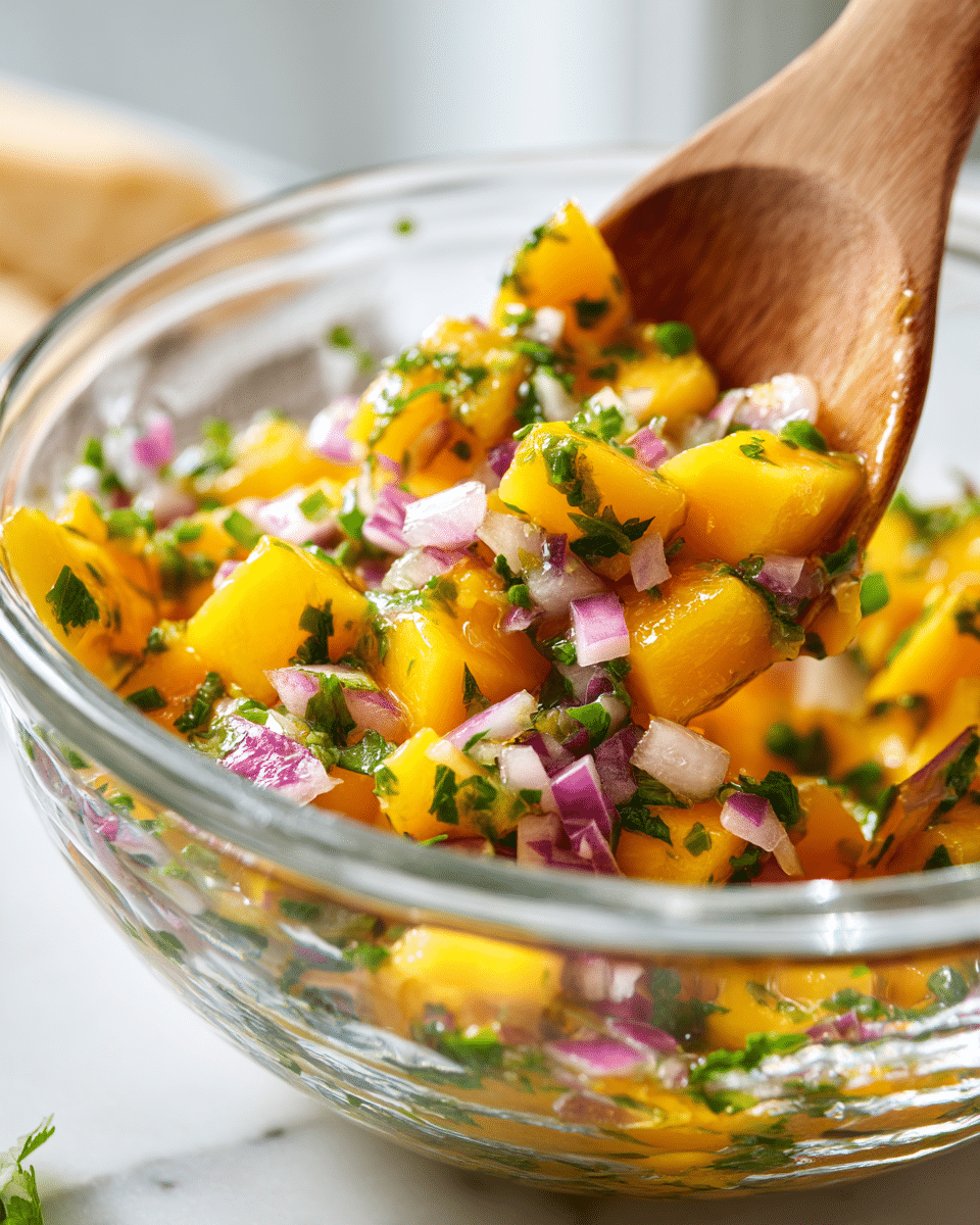 preparing tropical mango salsa in glass bowl