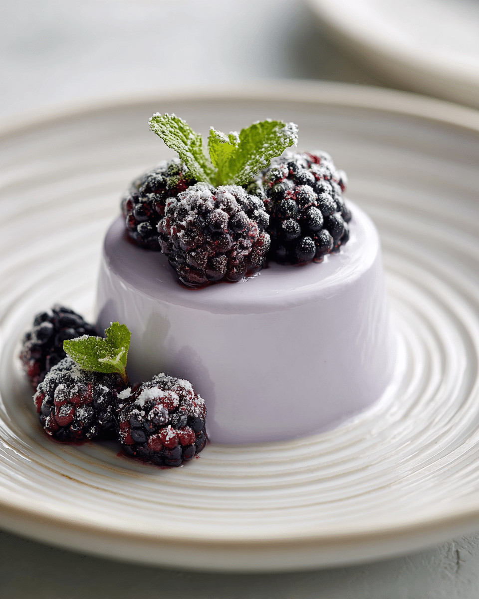 Plated No-Bake Lavender Posset with Blackberries garnished with mint on a white ceramic plate