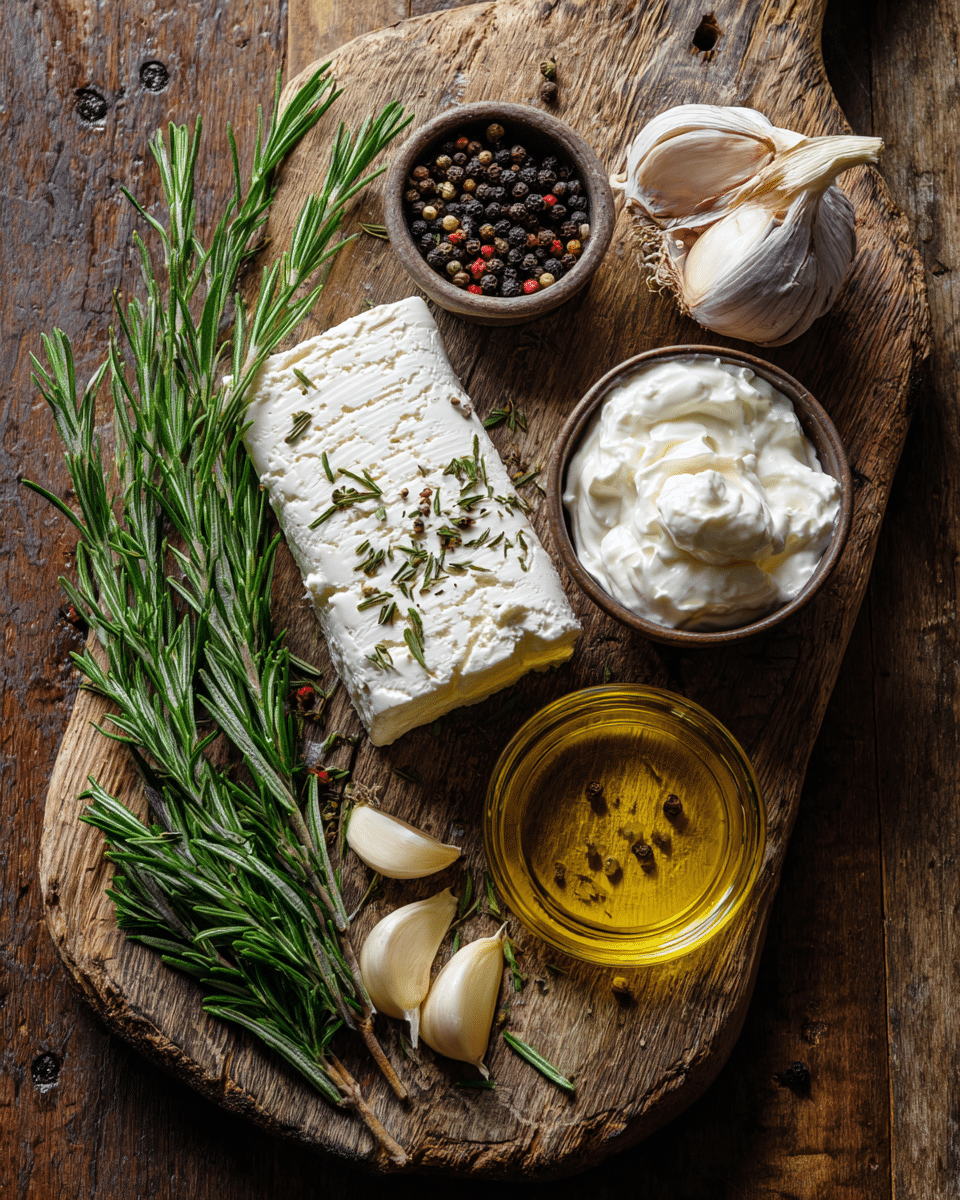 Ingredients for making whipped goat cheese dip