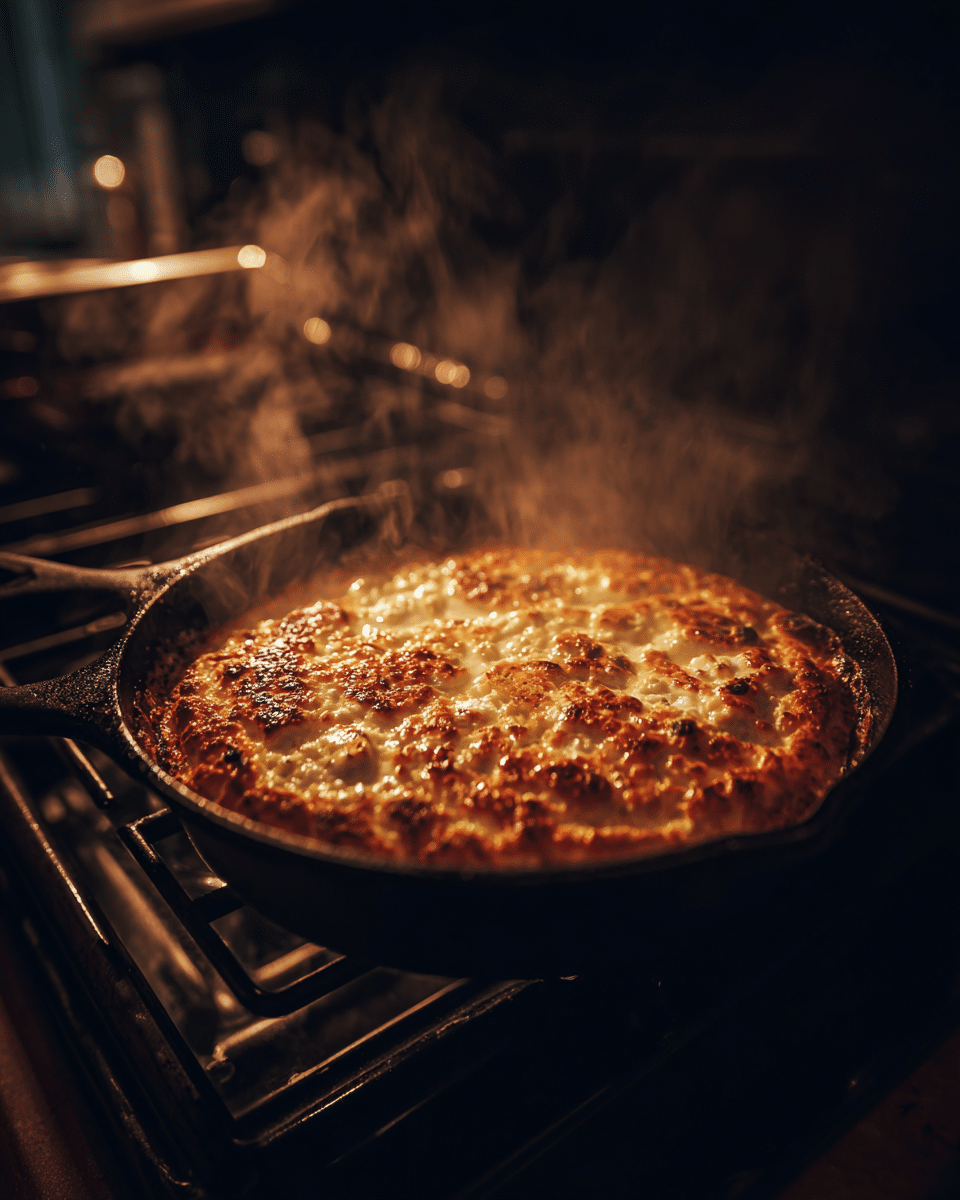 Hot Honey Feta Recipe baking in cast iron skillet with golden crust