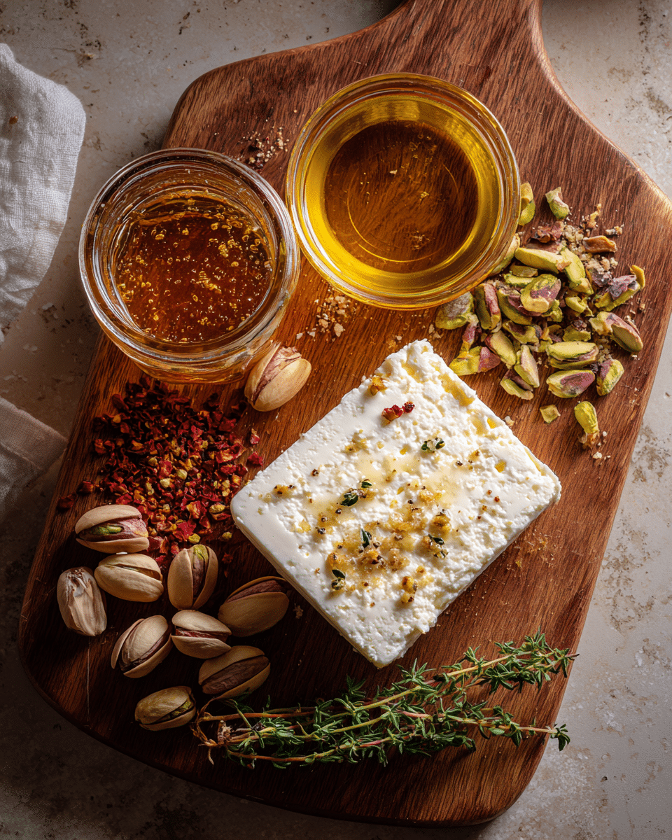 Ingredients for Hot Honey Feta Recipe laid out on rustic wooden board