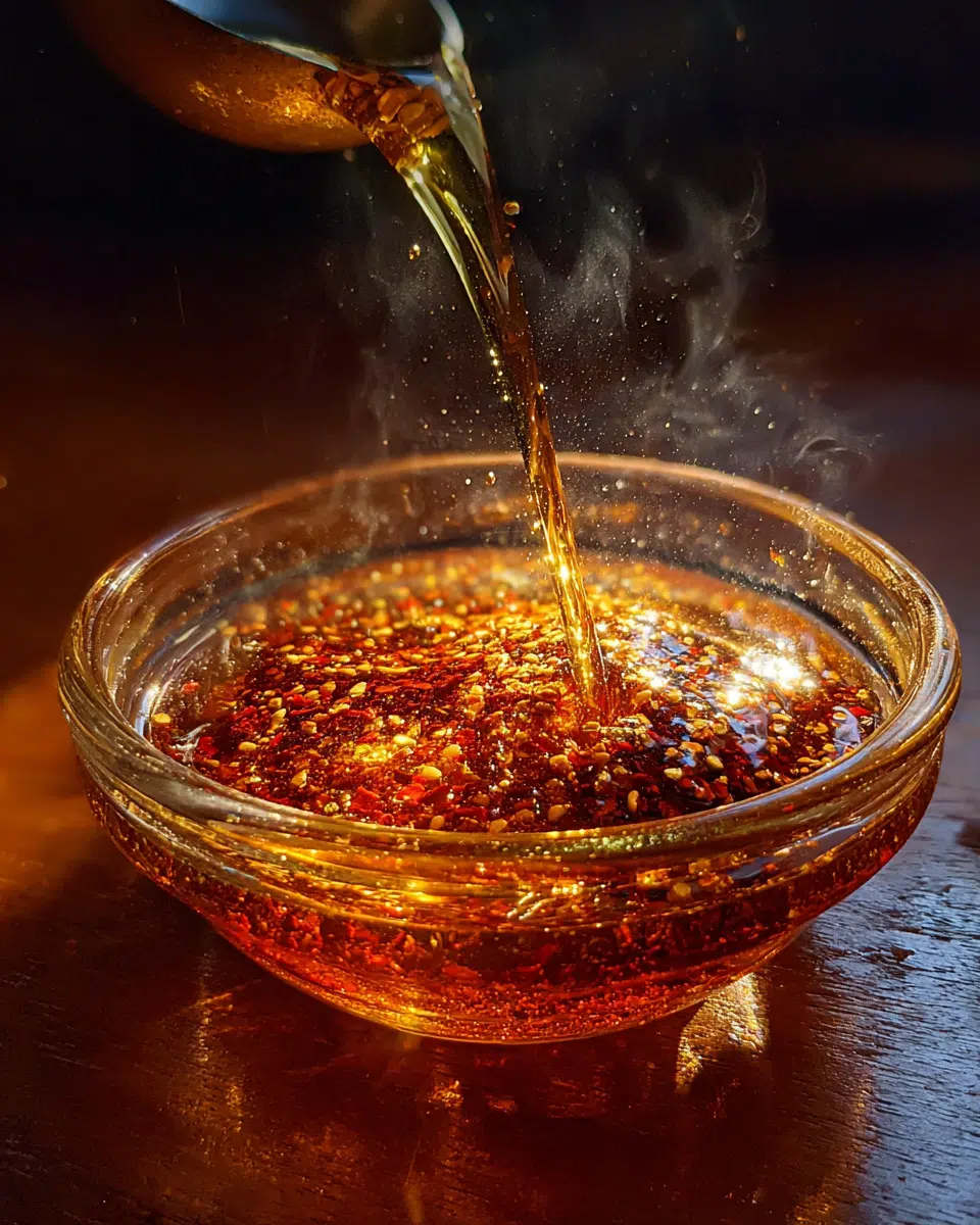 Hot oil pouring into chili flakes for chili crisp