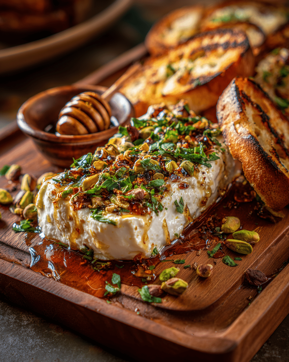 Hot Honey Feta Recipe served with sourdough and herbs on wooden board