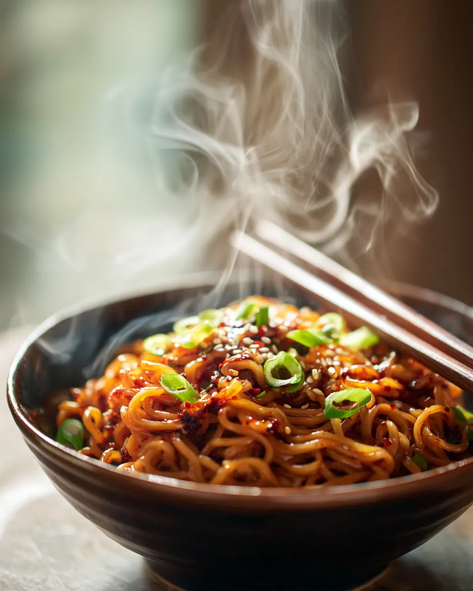 Freshly tossed chili crisp noodles ready to eat