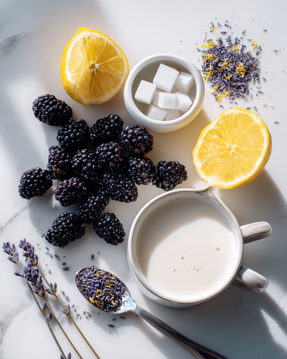 Ingredients for No-Bake Lavender Posset with Blackberries including cream, lemon, sugar, lavender, and fresh berries