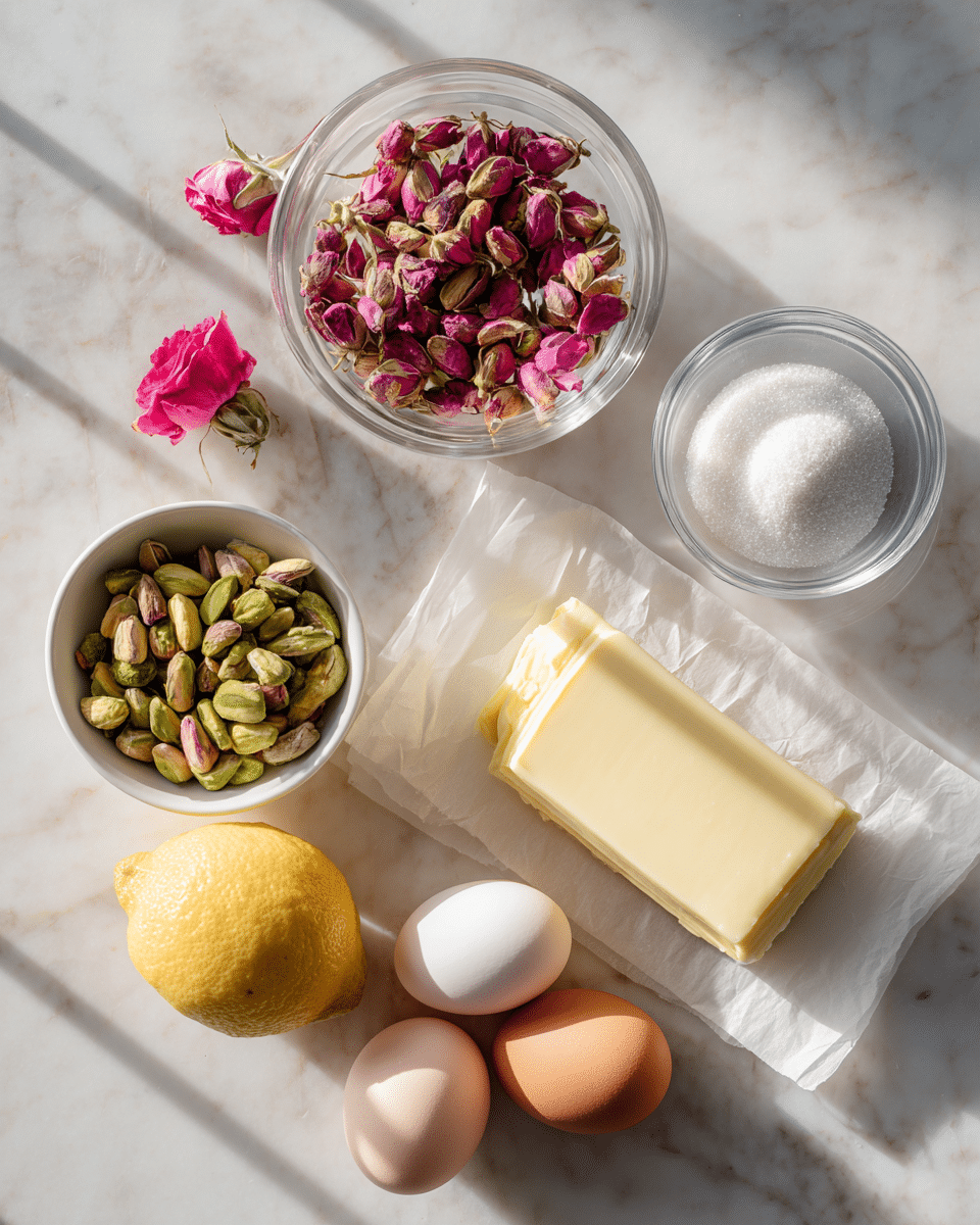 Pistachio and rose ingredients for Rococo Style Cake with Pistachio and Rose on rustic wood