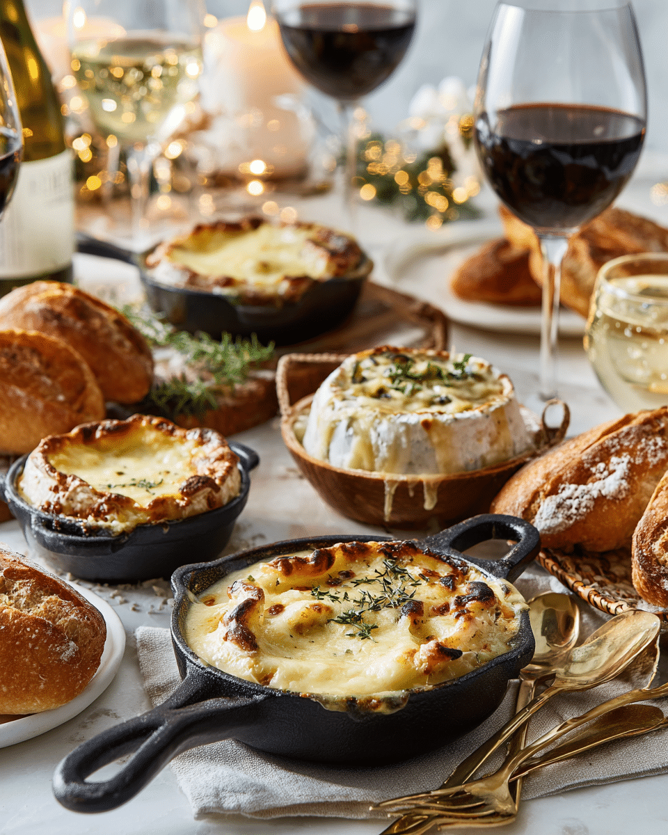 Warm cheese appetizers served at party with wine and bread