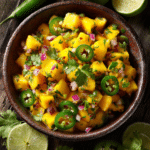tropical mango salsa recipe in a ceramic bowl