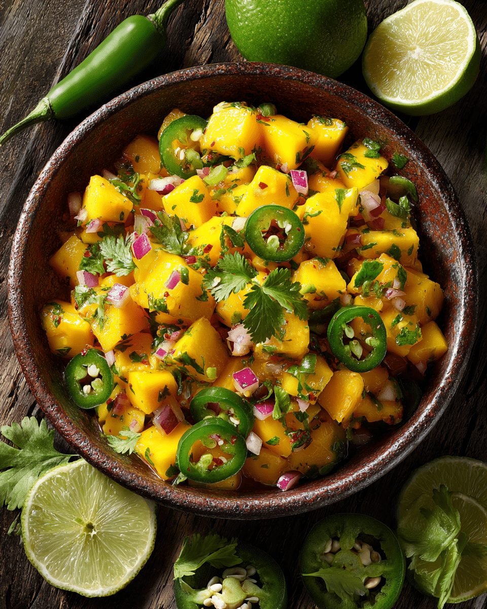 tropical mango salsa recipe in a ceramic bowl
