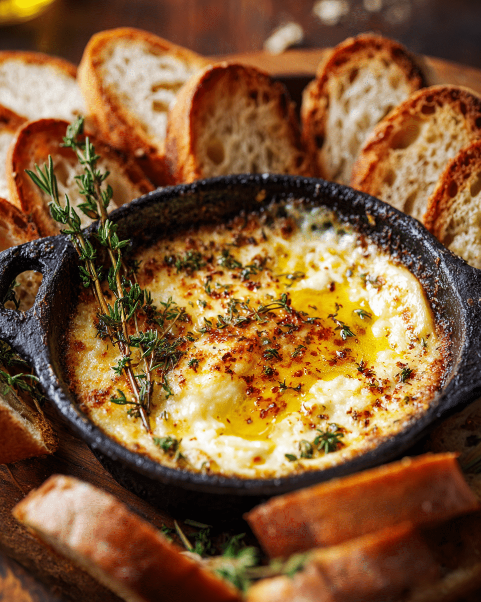 Warm cheese appetizer in skillet with gouda and sourdough