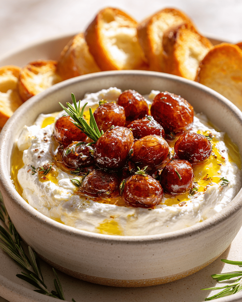 Whipped goat cheese dip with roasted grapes and rosemary