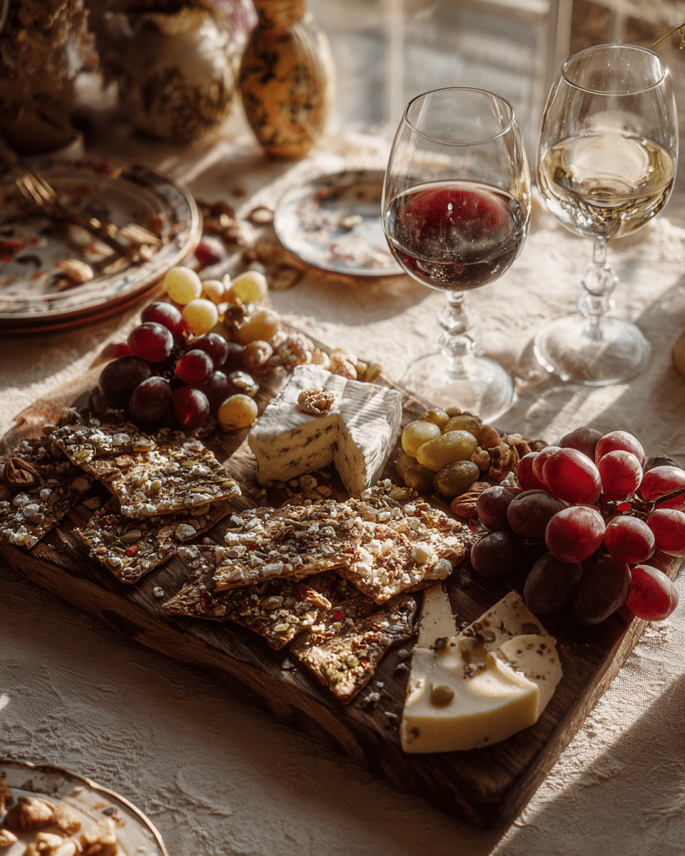 Savory brittle on a charcuterie board with cheese and wine