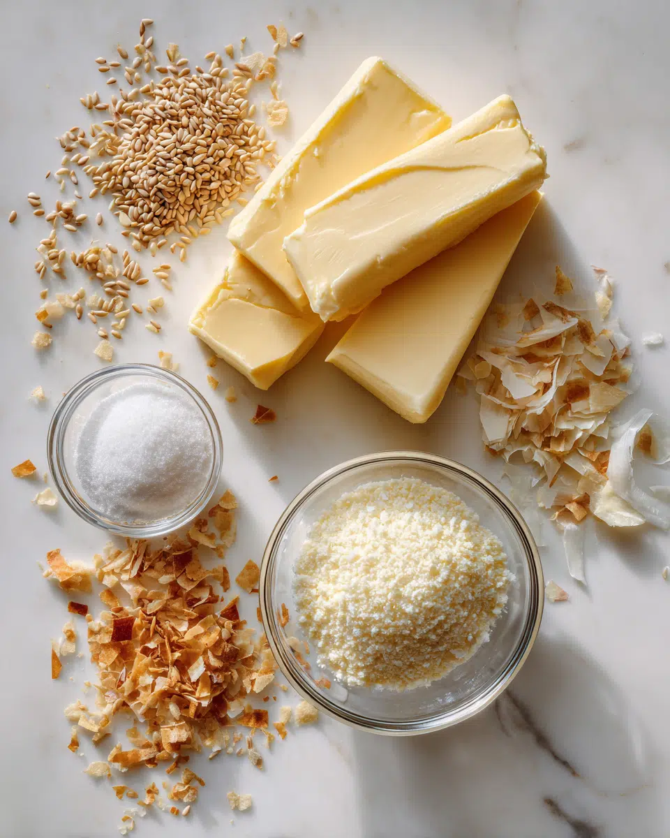 Everything Bagel Brittle ingredients flat lay