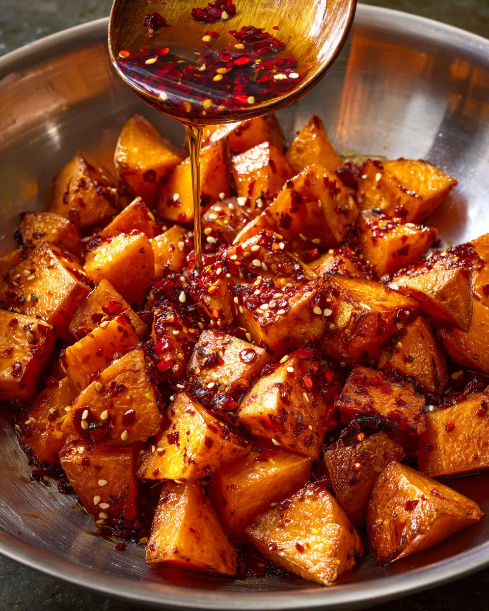 Tossing Roasted Sweet Potatoes with Homemade Chili Crisp