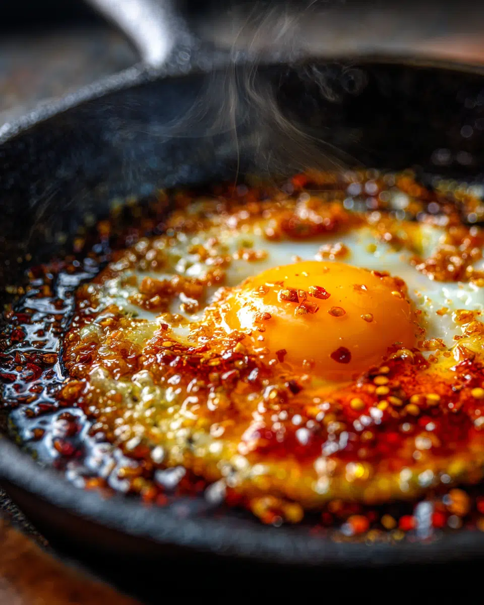 Frying chili crisp eggs in skillet