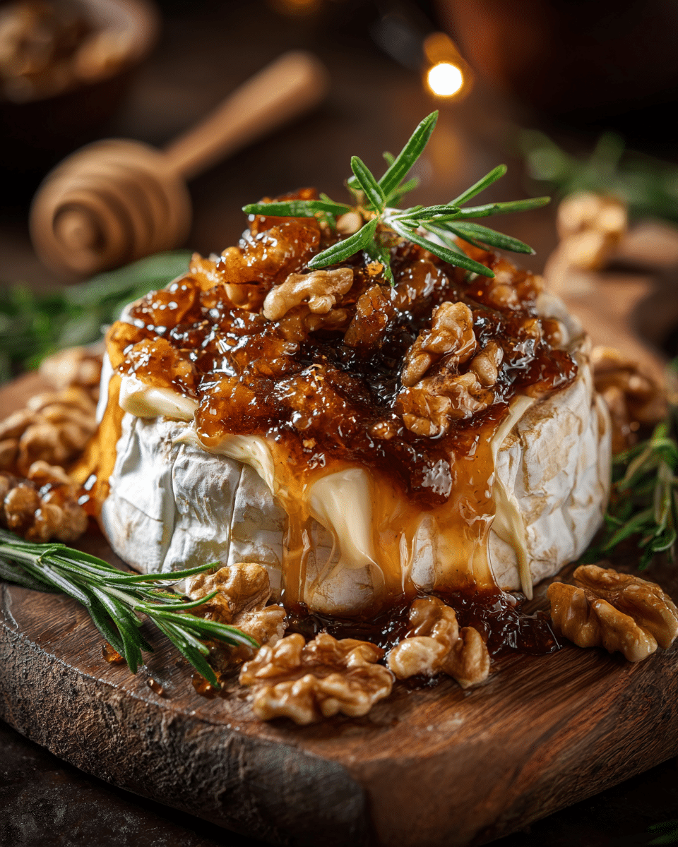 Baked Brie with Fig Jam on wooden board with nuts and herbs