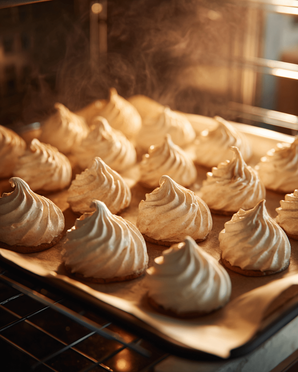 aquafaba meringue kisses baking in the oven